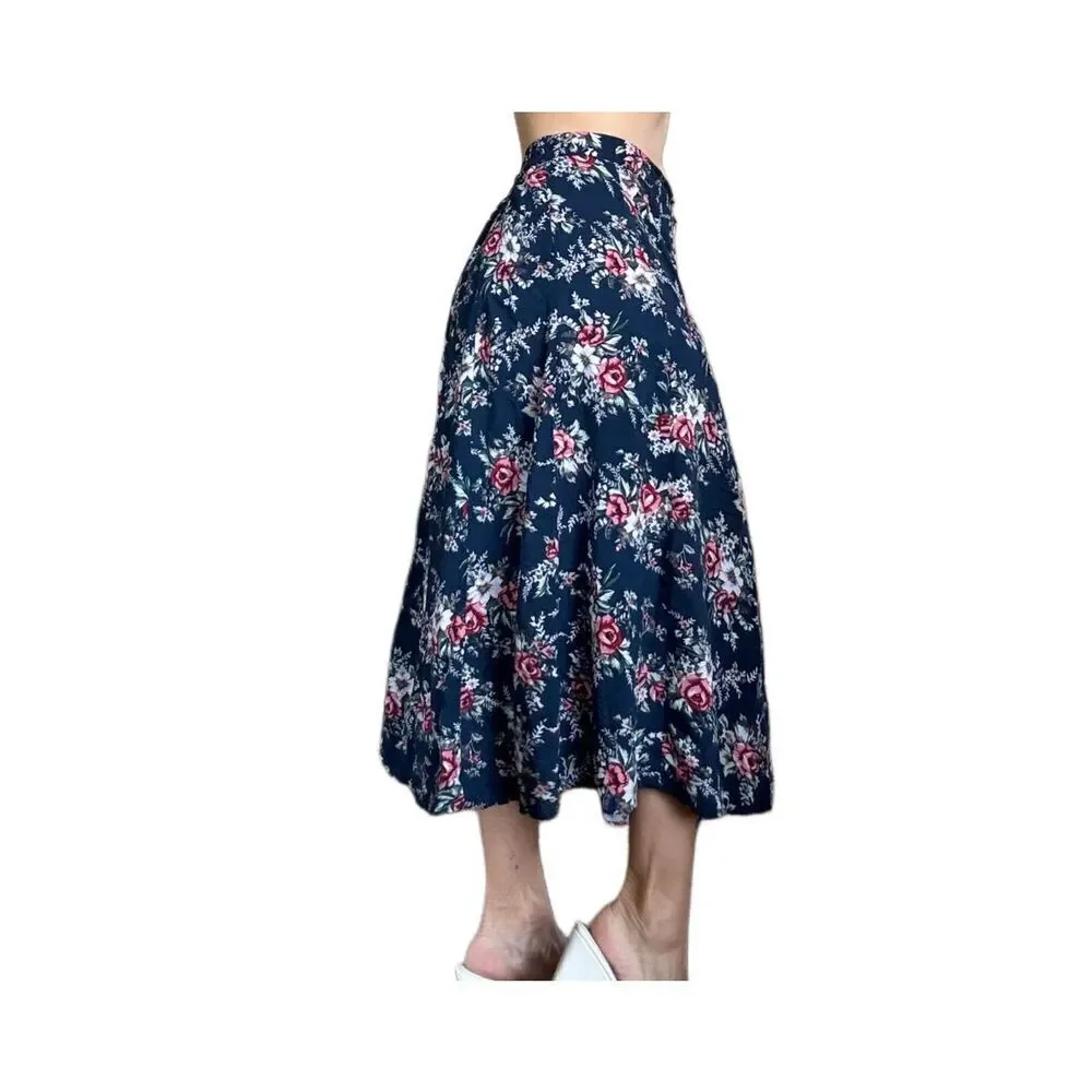 Vintage blue button up maxi skirt floral romantic summer dress womens Honors plu